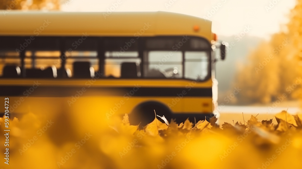 Yellow school bus. back to school background. Illustration AI Generative.