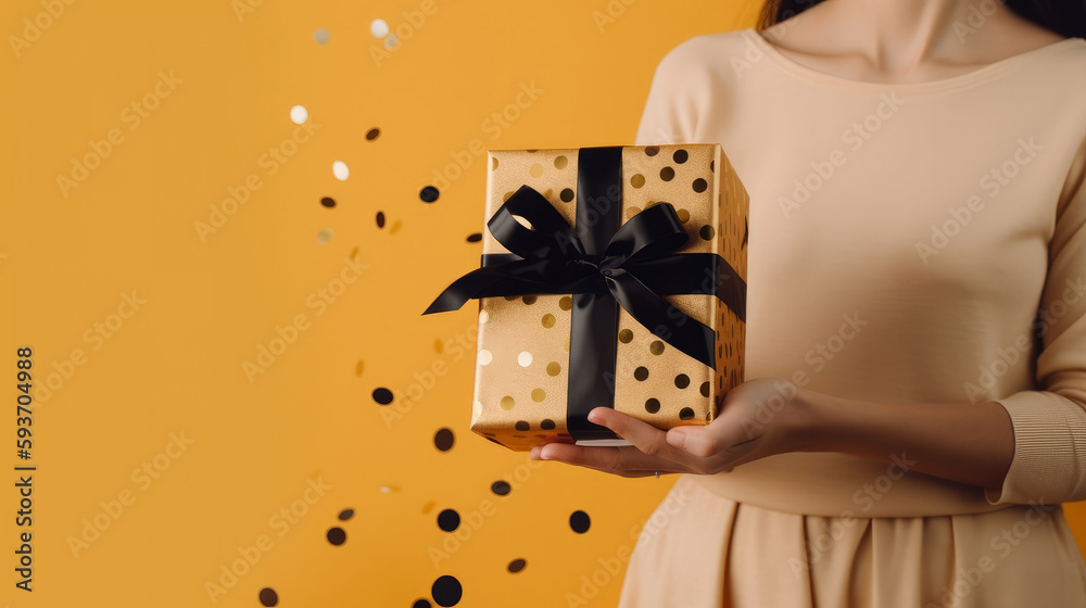 Yellow background with gift box. Illustration AI Generative.