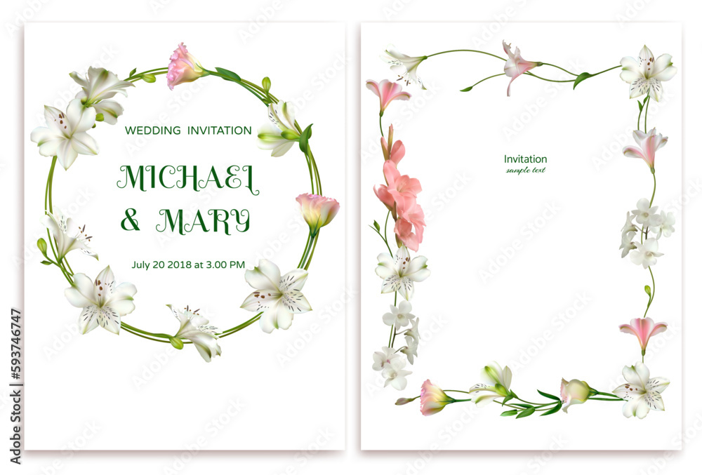 Beautiful white and pink flowers. Floral background. Wedding invitation. Lilies. Eustoma. Lisianthus