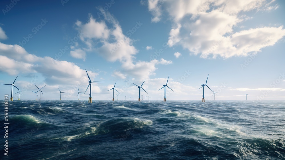 Offshore Windmill farm in the ocean, windmills isolated at sea on a sunny day. Generative AI