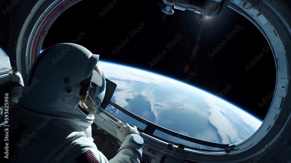 Commercial space travel scene with tourists enjoying the view of Earth from a futuristic spacecraft 