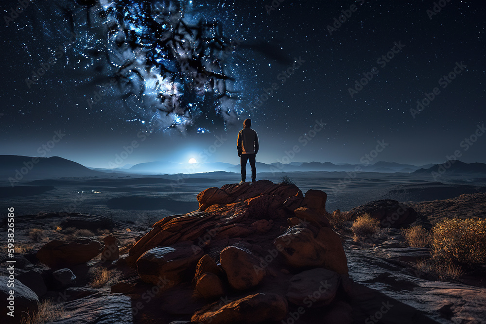 A man stands on the cliff and watches the background of the desert and universe planets surrounded b