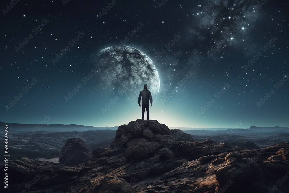 A man stands on the cliff and watches the background of the desert and universe planets surrounded b