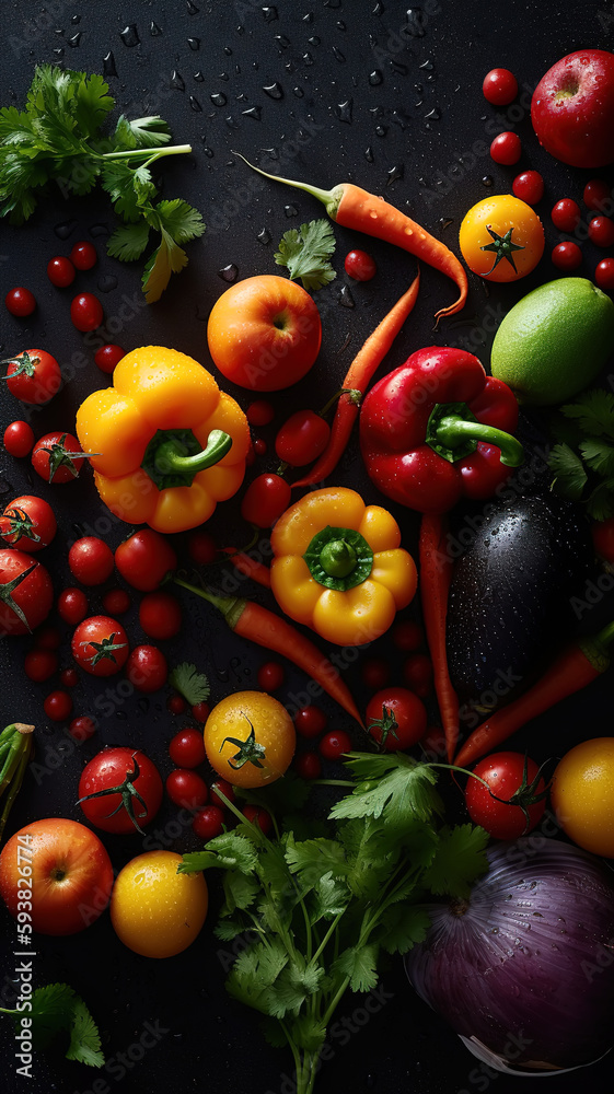 Autumn vegetables and fruits on a black stone background: pumpkin,