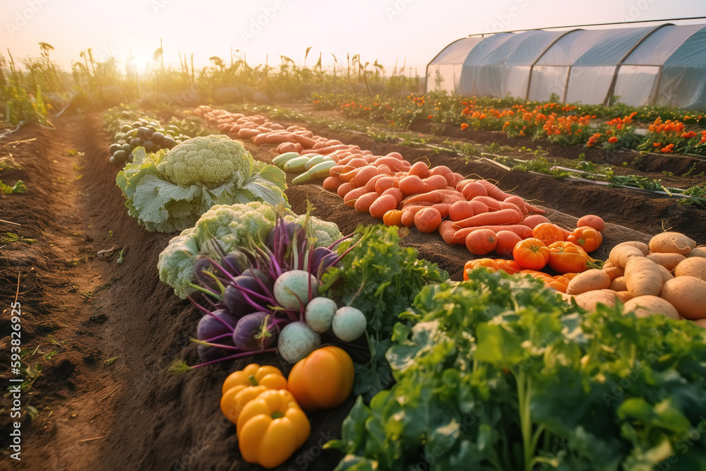 Fresh vegetables and fruits of large farms harvesting