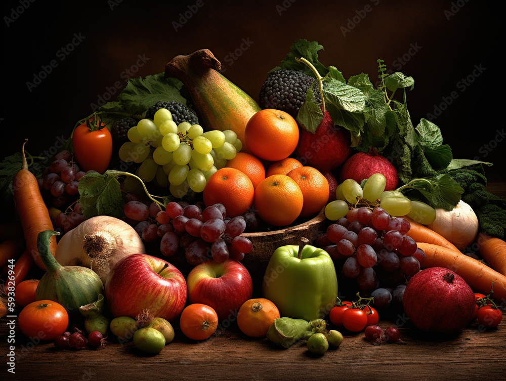 Autumn vegetables and fruits on a black stone background: pumpkin,