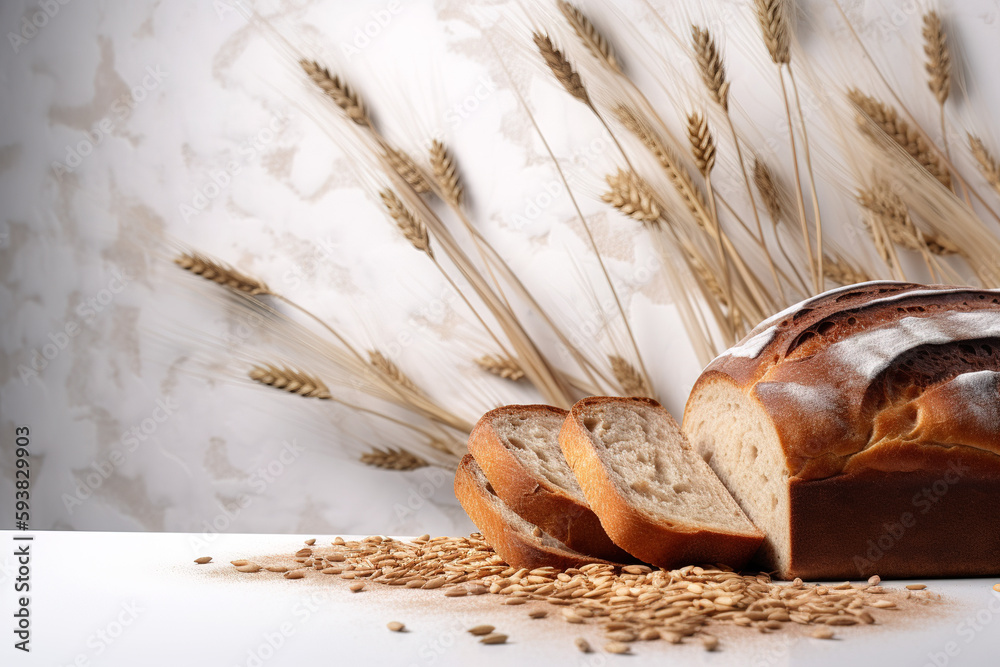 Rough rolls or French baguettes of wheat and flour on a white board. Rural kitchen or bakery - with 