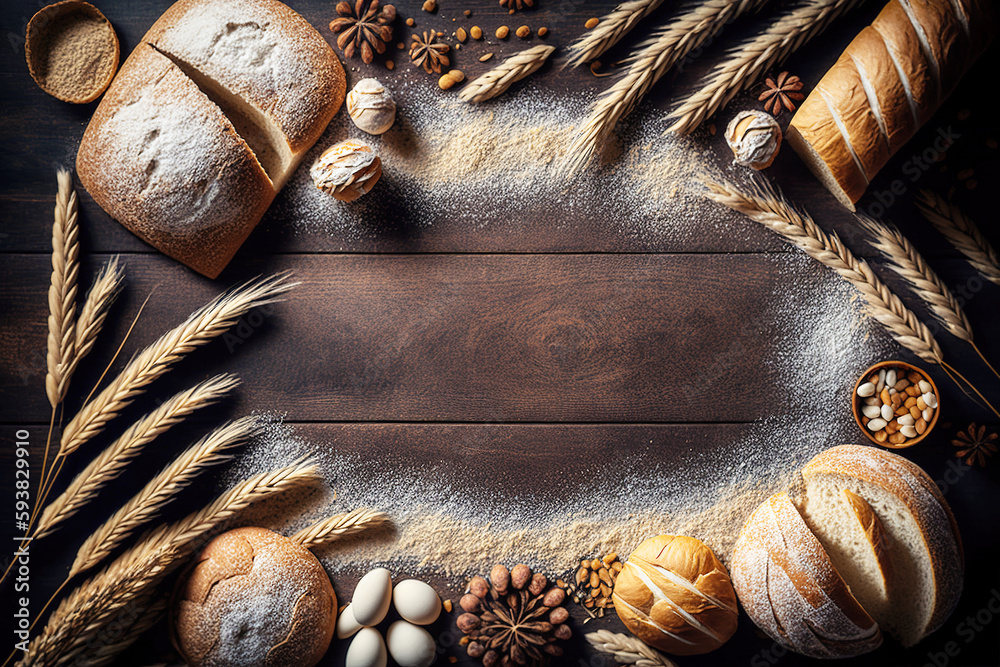 Rustic bread roll or french baguette, wheat and flour on black chalkboard. Rural kitchen or bakery -