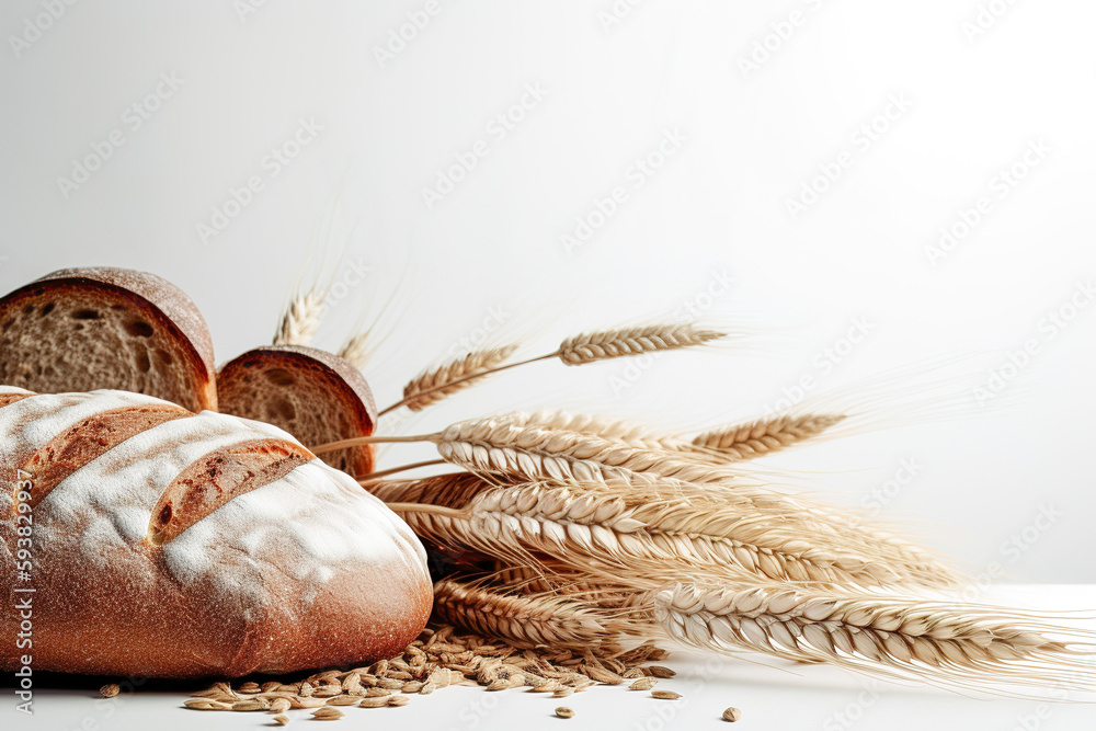 Rough rolls or French baguettes of wheat and flour on a white board. Rural kitchen or bakery - with 