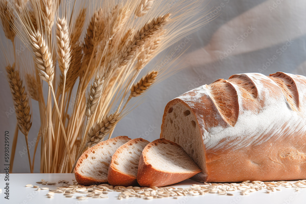 Rough rolls or French baguettes of wheat and flour on a white board. Rural kitchen or bakery - with 