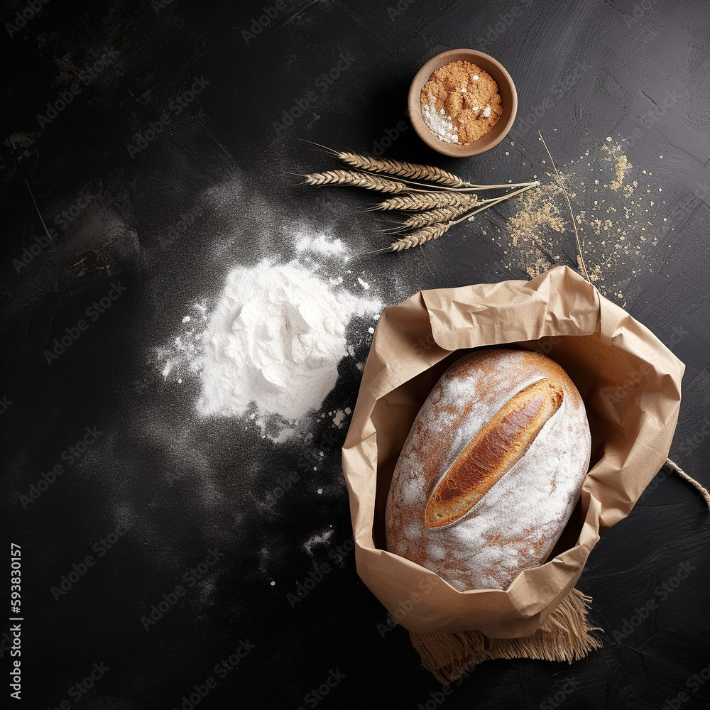 Rustic bread roll or french baguette, wheat and flour on black chalkboard. Rural kitchen or bakery -