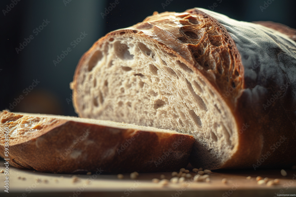 Rustic bread roll or french baguette, wheat and flour on black chalkboard. Rural kitchen or bakery -