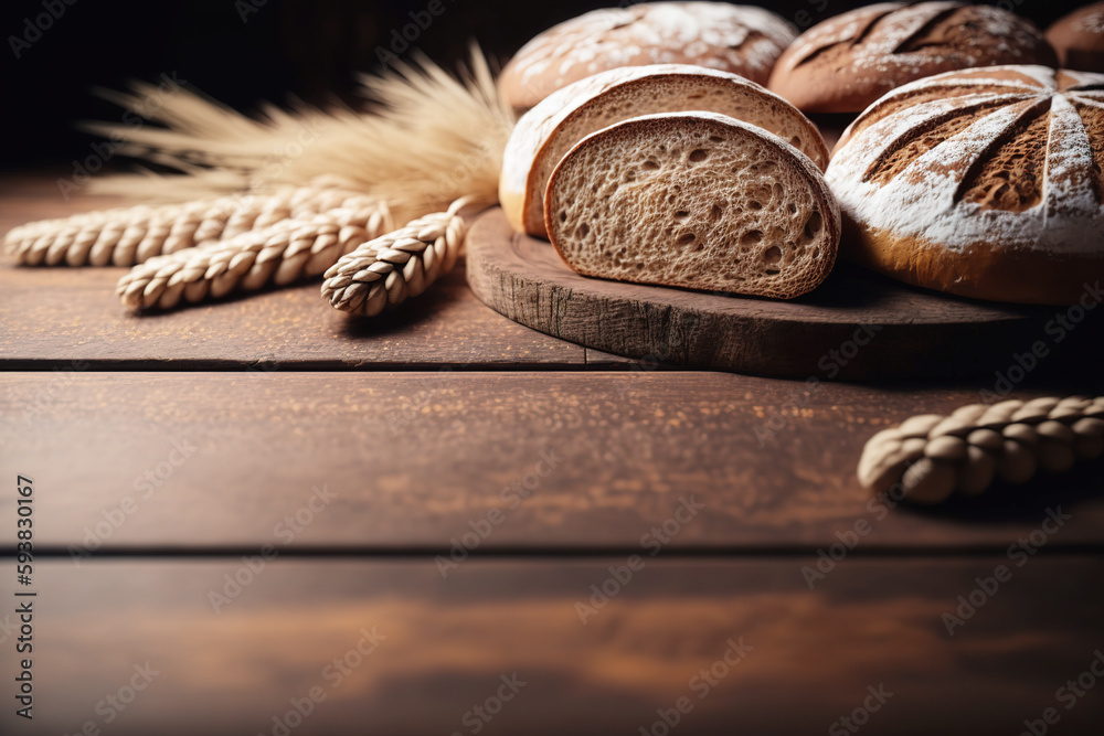 Rustic bread roll or french baguette, wheat and flour on black chalkboard. Rural kitchen or bakery -