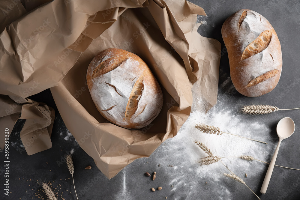 Rustic bread roll or french baguette, wheat and flour on black chalkboard. Rural kitchen or bakery -