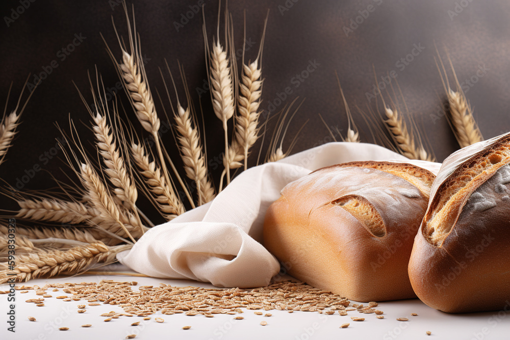 Rustic bread roll or french baguette, wheat and flour on black chalkboard. Rural kitchen or bakery -