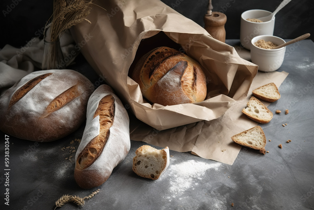 Rustic bread roll or french baguette, wheat and flour on black chalkboard. Rural kitchen or bakery -