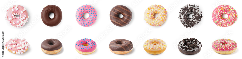 Set of sweet donuts on white background