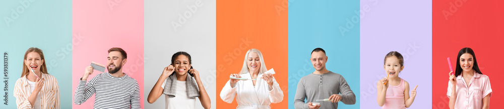 Collage of different people with tooth brushes, paste and dental floss on color background