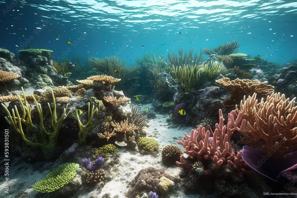 Underwater view of the coral reef. Life in tropical waters.