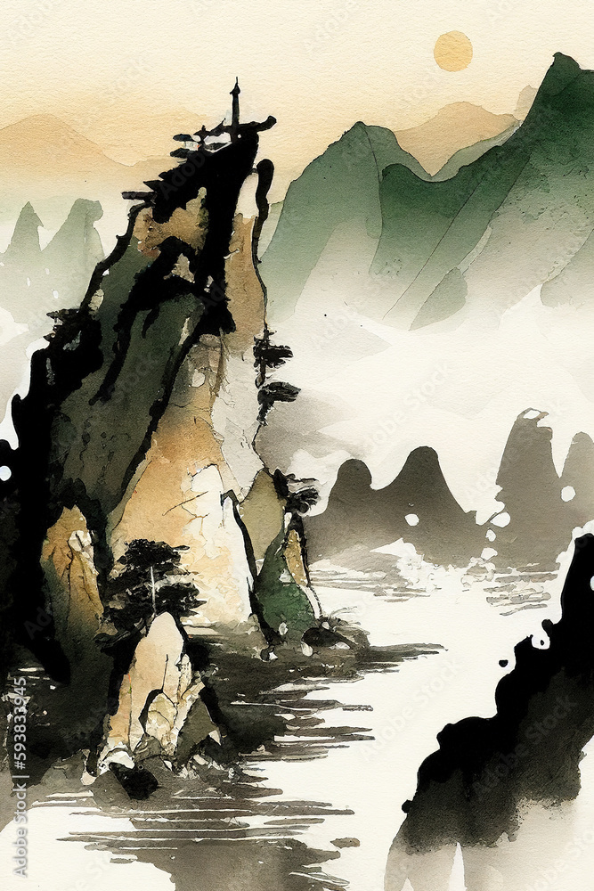 Chinese watercolor landscape painting