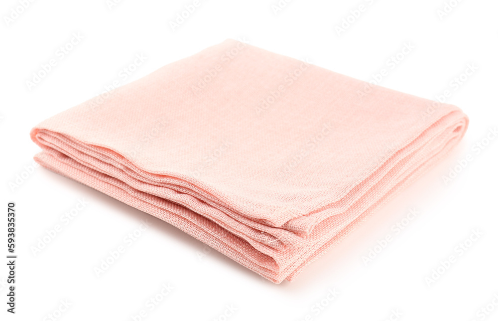 Folded pink napkin on white background