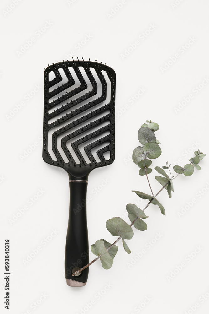 Hair brush with eucalyptus branch on light background