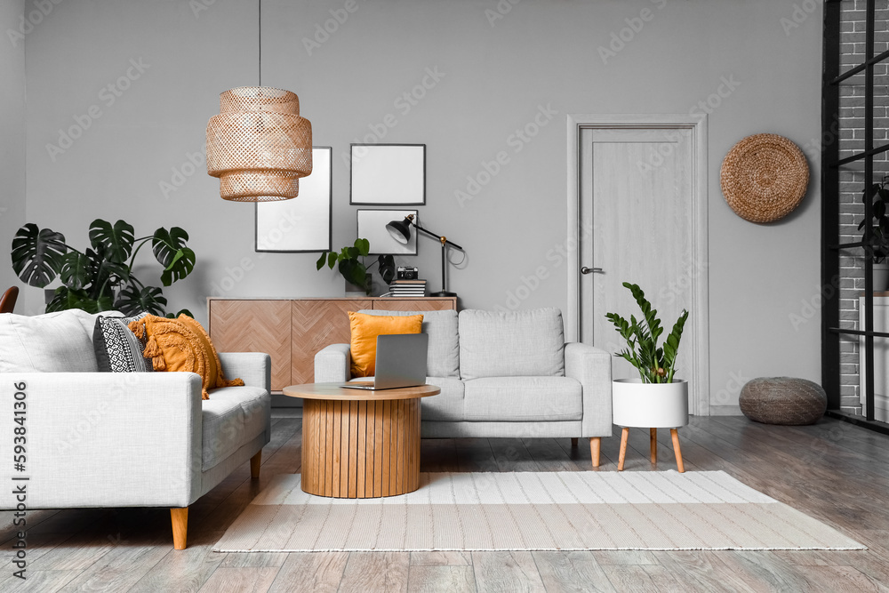 Interior of living room with green houseplants and sofas