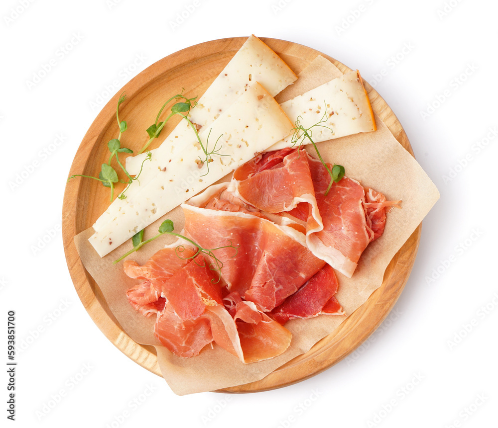 Plate with slices of tasty jamon and cheese on white background