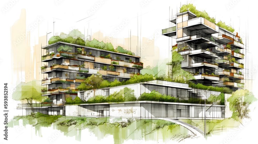 Sketch of a sustainable residential complex with green roofs, vertical gardens, and rainwater harves