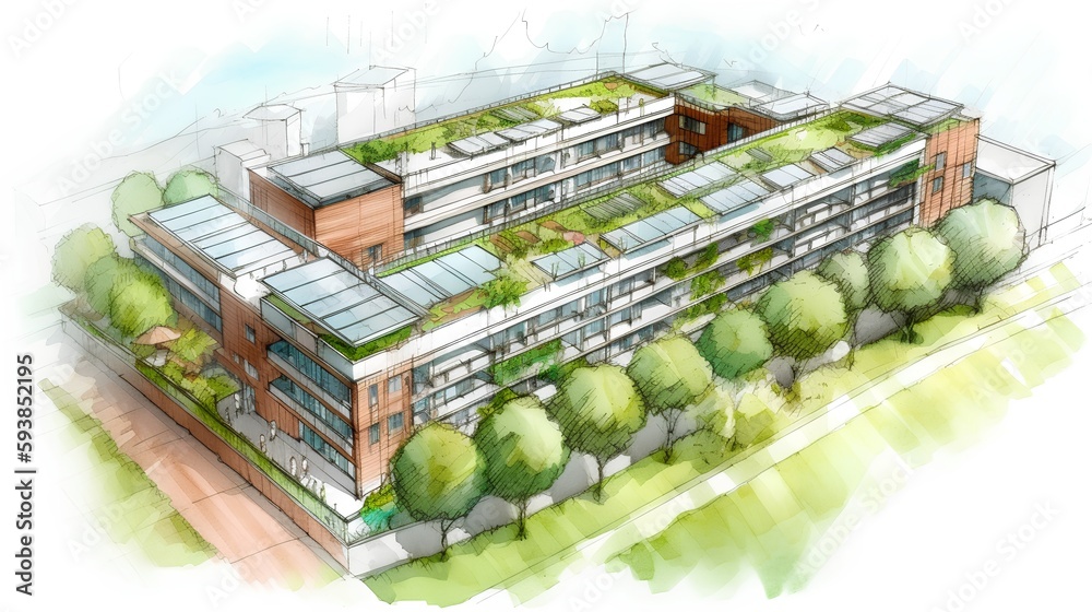 Sketch of a sustainable residential complex with green roofs, vertical gardens, and rainwater harves