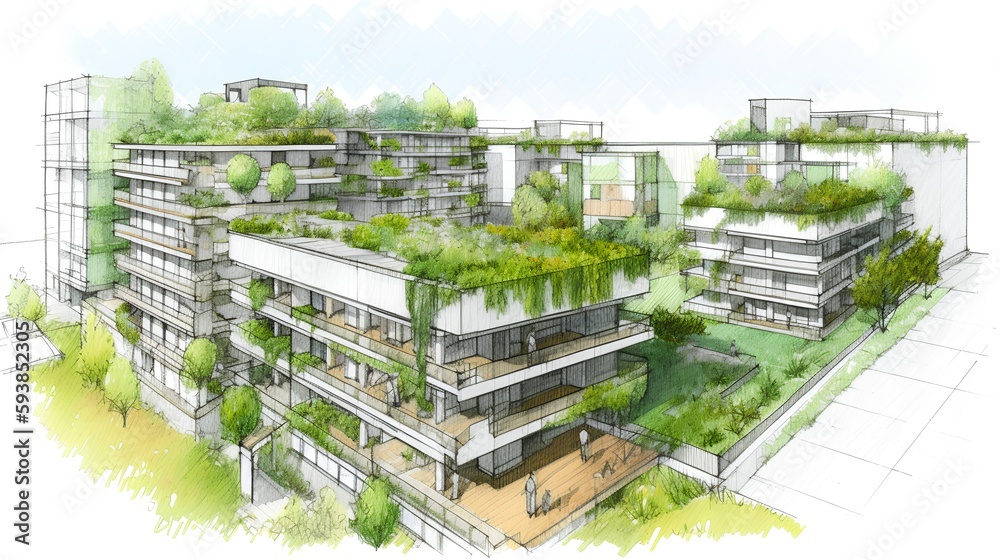 Sketch of a sustainable residential complex with green roofs, vertical gardens, and rainwater harves