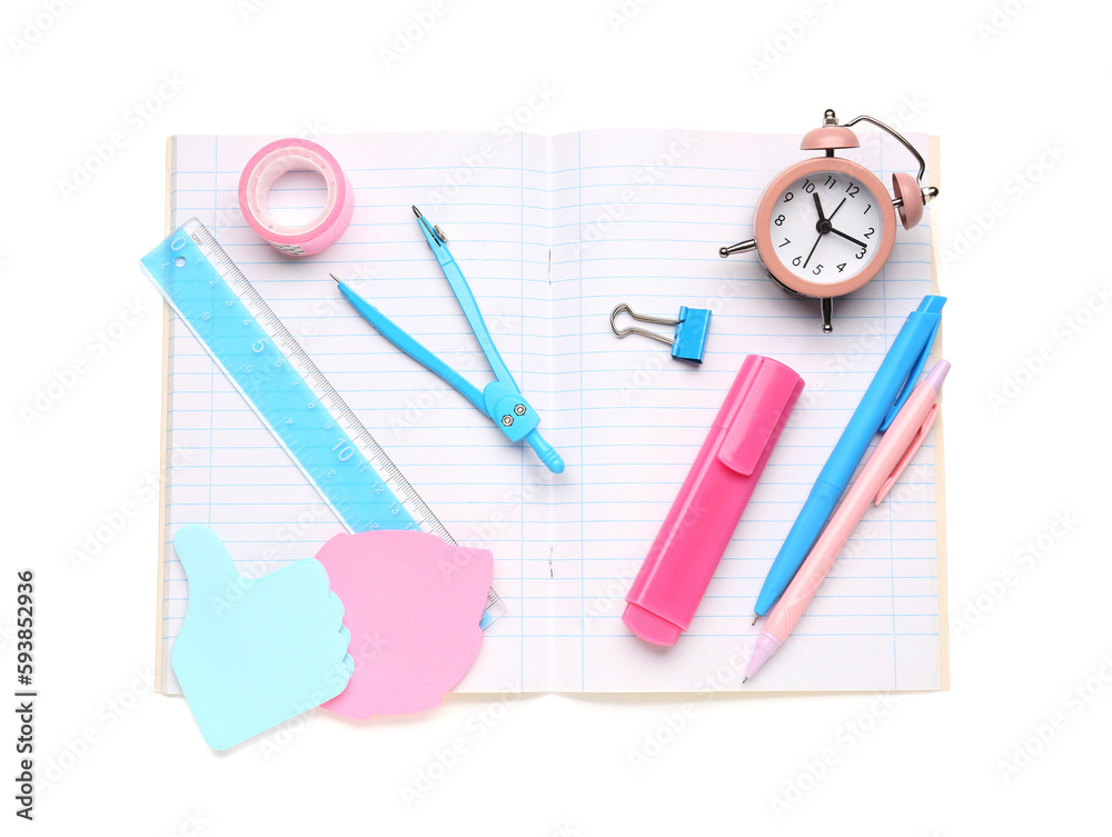 Notebook and stationery supplies on white background