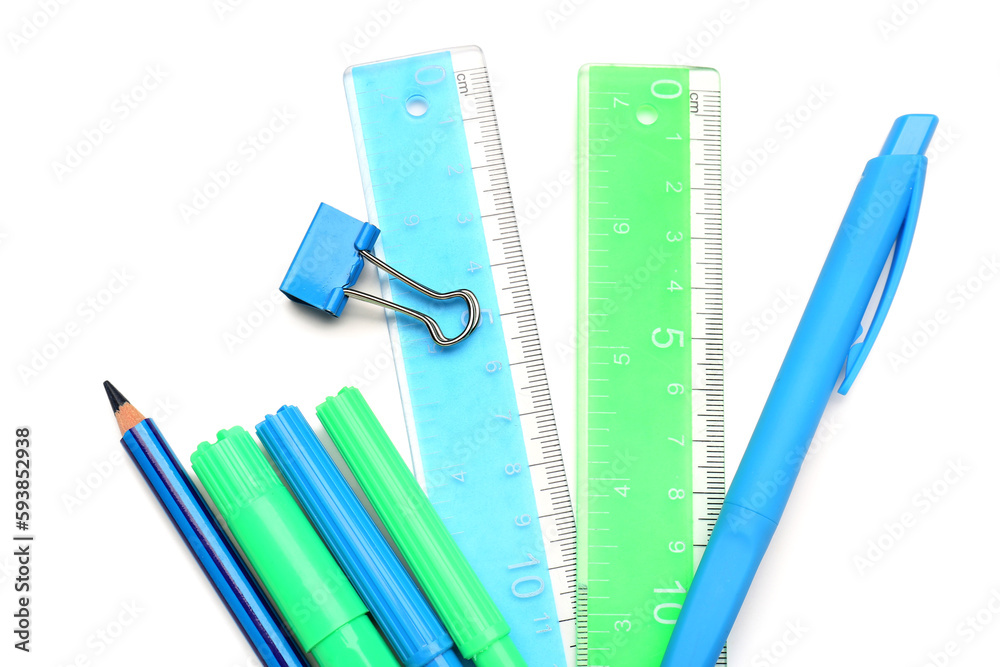 Stationery supplies on white background