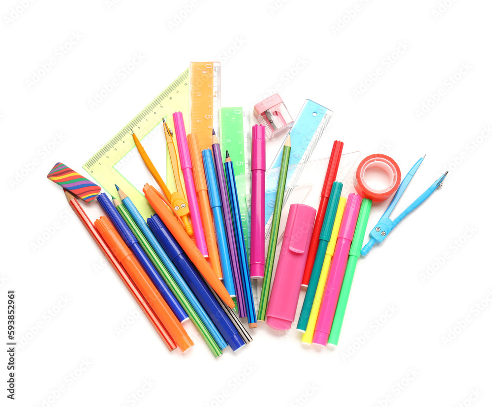 Colorful stationery supplies on white background