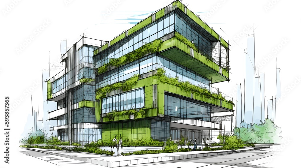 Sustainable office building sketch showcasing green roofs, energy-efficient windows, and green facad