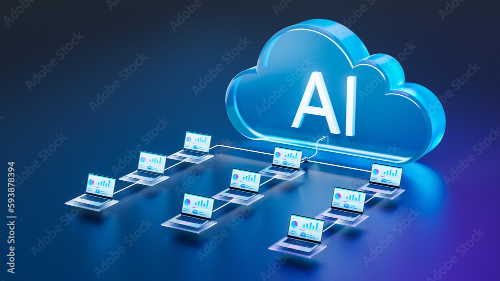 3D illustration: Network of Workstation Laptop Computers with Charts Connected to an AI Cloud. Conce