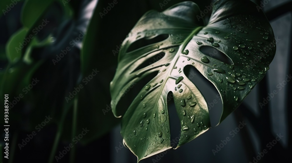 Closeup of Monstera tropical plant leaves with rain drops. Green natural backdrop. Generative AI