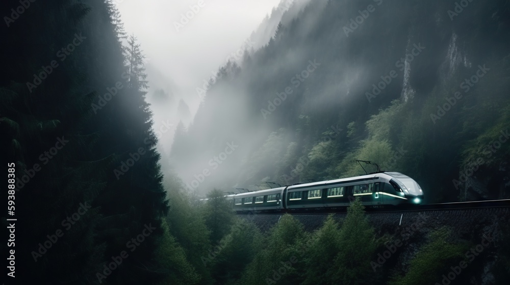 Speed passenger train moving in the mist mountains covered with forest. Generative AI