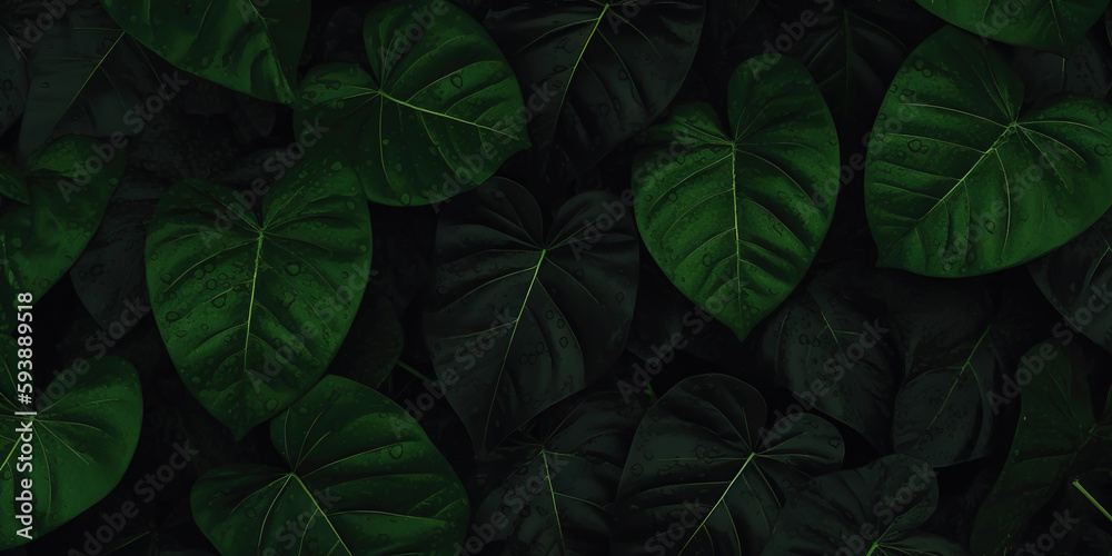 closeup nature view of green leaf and palms background. Flat lay, dark nature concept, tropical leaf