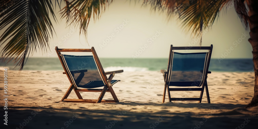 Two beach chair on beautiful tropical beach. Travel paradise concept. Generative AI