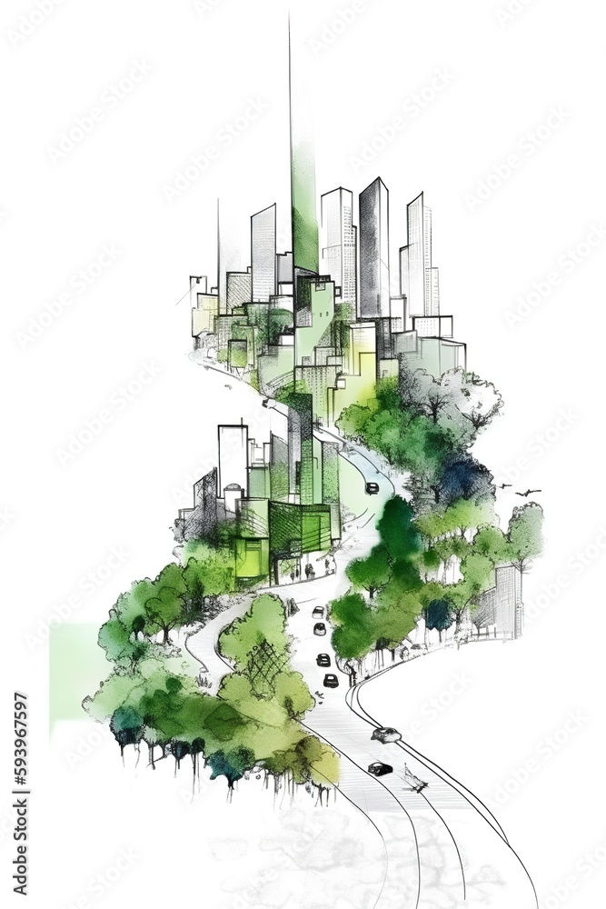 A sketch of an isolated green buildings promoting walkability and clean public infrastructure. The s