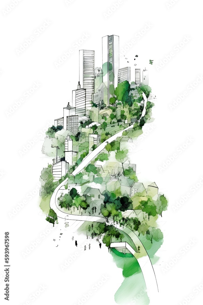 A sketch of an isolated green buildings promoting walkability and clean public infrastructure. The s