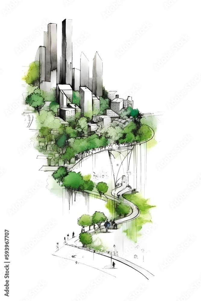 A sketch of an isolated green buildings promoting walkability and clean public infrastructure. The s