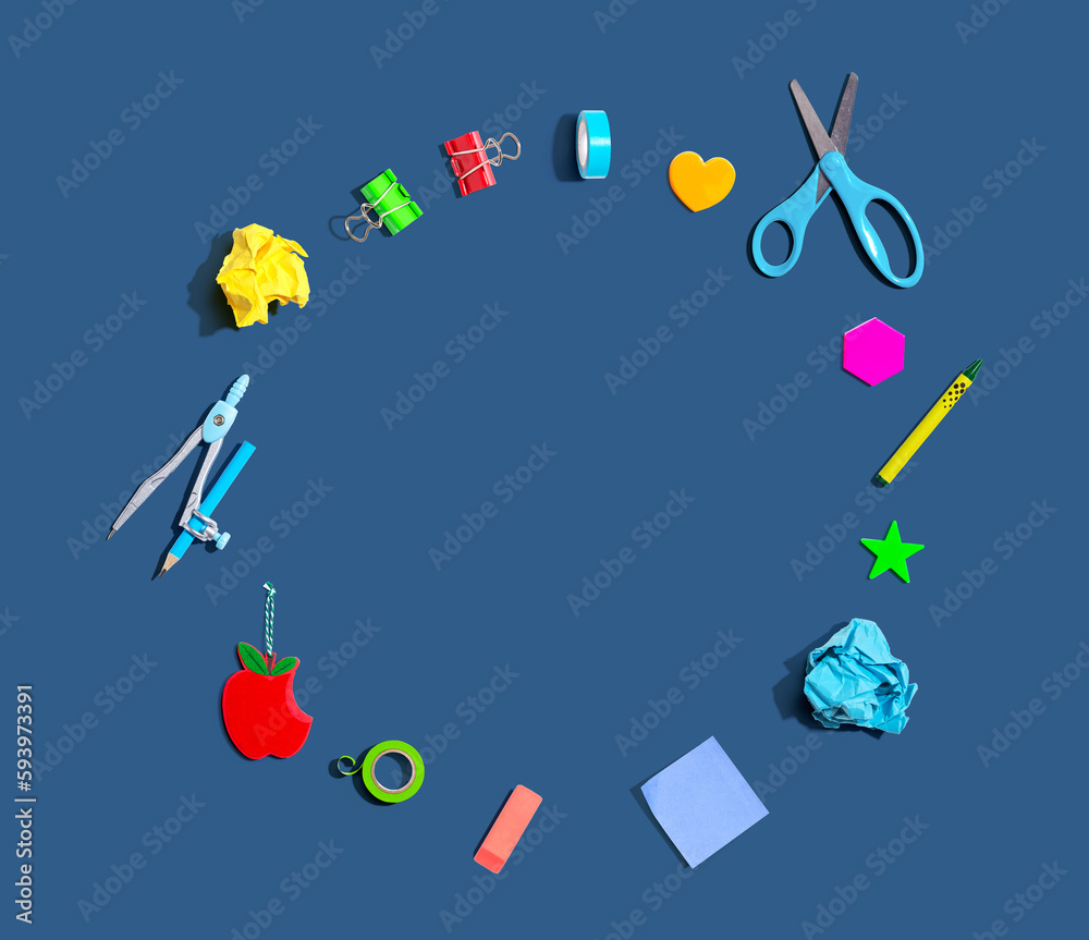 Collection of school supplies overhead view - flat lay