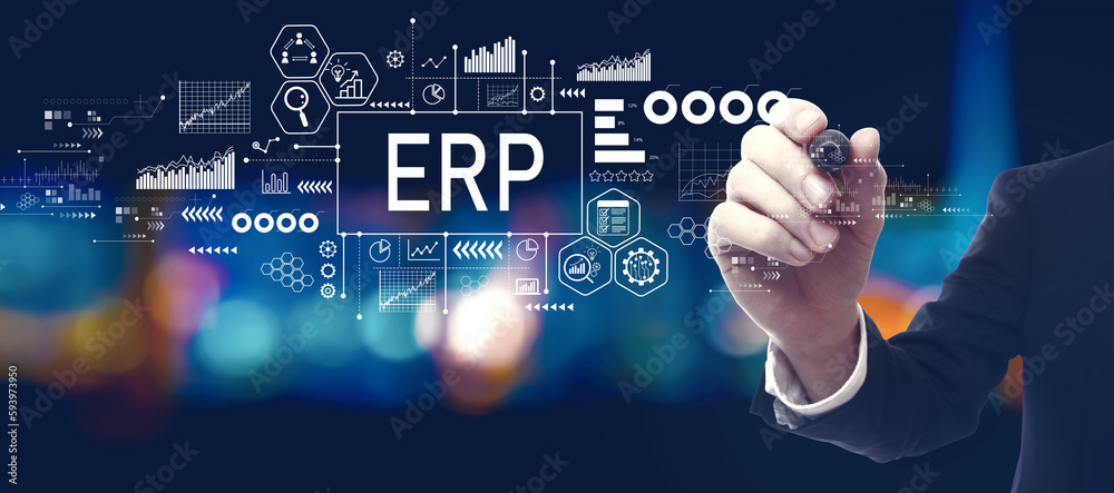 ERP - Enterprise resource planning theme with businessman in a city at night