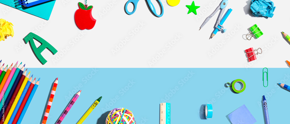 Collection of school supplies overhead view - flat lay