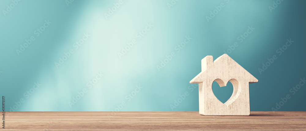 Miniature wooden block house with a heart - 3D render