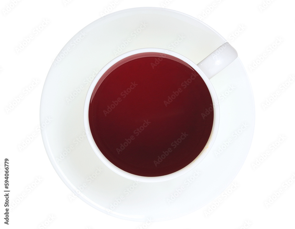 white coffee cup, mug with hot tea with, isolated on a transparent background, top view, cut out