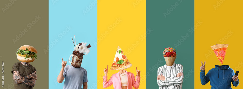 Set of people with unhealthy food instead of their heads on colorful background