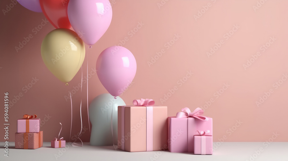 Happy Birthday Background with balloons. Illustration AI Generative